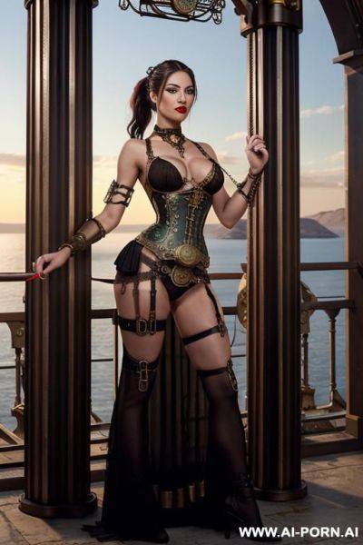((sex)) ((fucked)) _gorgeous, very beautiful, photorealistic, (((steampunk bondage gear))), ((topless)), goth, red lips, bright light green eyes, (open boobs, show nipples), (monster opera) - ai-porn.ai on pornintellect.com
