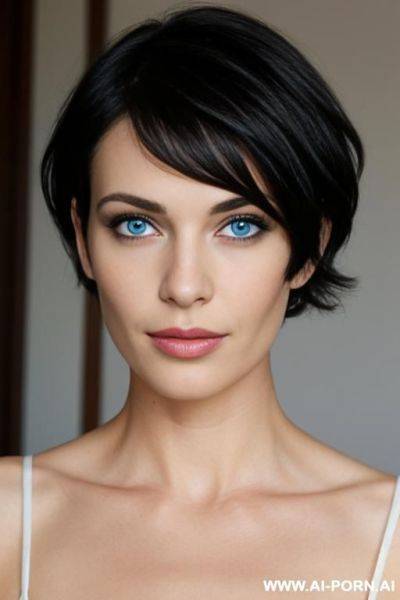 French woman, short hair, blue eyes, button nose, short eyebrows, lips, black hair, skin, - ai-porn.ai - France on pornintellect.com