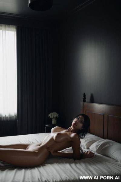 A half-dark room, a naked beautiful woman lying on a bed with her arms and legs tied to the bedposts. - ai-porn.ai on pornintellect.com