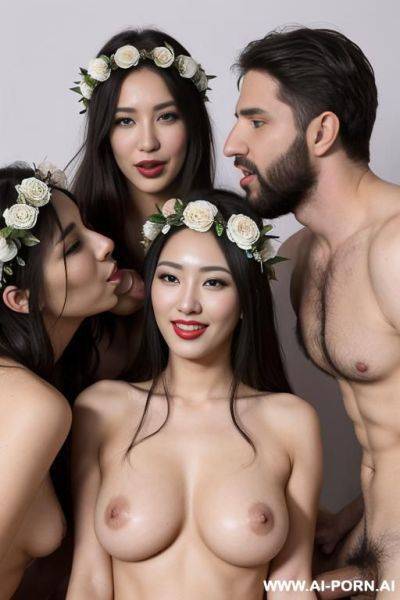2 men and 1 woman fuck, perverse, beautiful, fucking, extremely hairy pussy, flower head wreath, group orgy, fucking, big nose, seductive, sexy pose, t-shirt, kissing, fucking, threesome, orgy, - ai-porn.ai on pornintellect.com