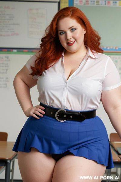 Half body photo shot close up, about at classroom, chubby ((obese but so hot)) redhead fat bbw curvy teacher, wearing a sexy and hot micro colorfull ruffle skirt, and stocking lingeries, sports top. teaching to the classroom. ((dynamic angle)) - ai-porn.ai on pornintellect.com