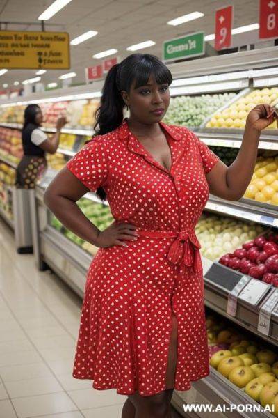 (((keep face))) gorgeous hot brunette women wearing (((red polka dot dress))) in kitchen, curvy, (tight short sleeve dress), ebony - ai-porn.ai on pornintellect.com