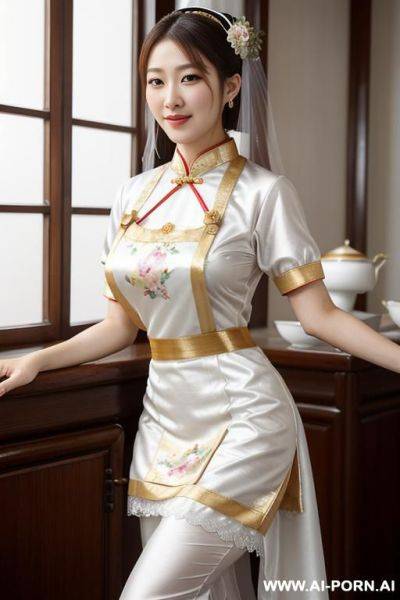 Masterpiece, fine details, breathtaking artwork, painterly art style, high quality, k, very detailed, high resolution, exquisite composition and lighting, white skin, (((chinese mother wear maid outfit))) - ai-porn.ai - China on pornintellect.com