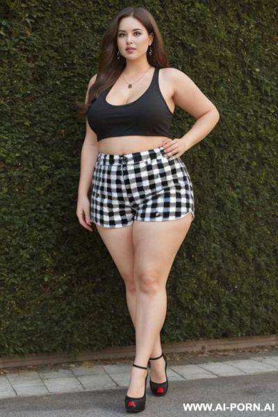 Chubby woman, full body, standing, long brown hair with red, triangular hips, thick thighs, wearing black and white checkered shorts, tank top, hedge - ai-porn.ai on pornintellect.com