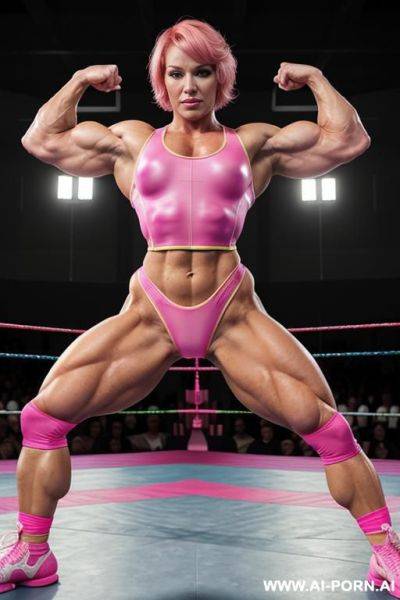 Muscular ballerina, spreading legs, showing bald pussy, looking at viewer, smiling seductively, short pink bobcut hair, perky pierced nipples, totally naked - ai-porn.ai on pornintellect.com