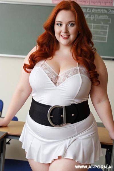 Half body photo shot close up, about at classroom, chubby ((obese but so hot)) redhead fat bbw curvy teacher, wearing a sexy and hot micro colorfull ruffle skirt, and stocking lingeries, sports top. teaching to the classroom. ((dynamic angle)) - ai-porn.ai on pornintellect.com
