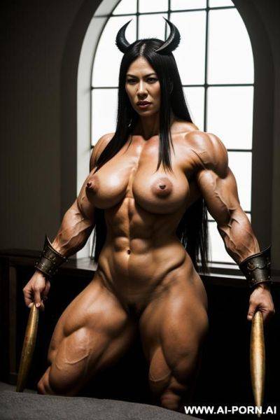 Giant woman, extreme muscles, sturdy, wife with wedding ring - ai-porn.ai on pornintellect.com