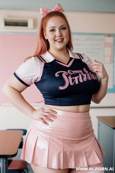 Close up full body photo shot, about at classroom, chubby very ((very obese)) redhead fat bbw curvy teacher, wearing a sexy and hot micro ruffle leather skirt, and elegant top, teaching to the classroom. ((dynamic angle)), perfect face - ai-porn.ai on pornintellect.com