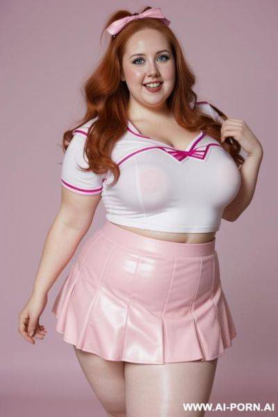 Close up half body photo shot, chubby very ((((obese with wide hips)))) redhead fat bbw curvy cheerleader, wearing a sexy and hot micro ruffle leather skirt, wearing high stockings. (dynamic angle), perfect apple face - ai-porn.ai on pornintellect.com