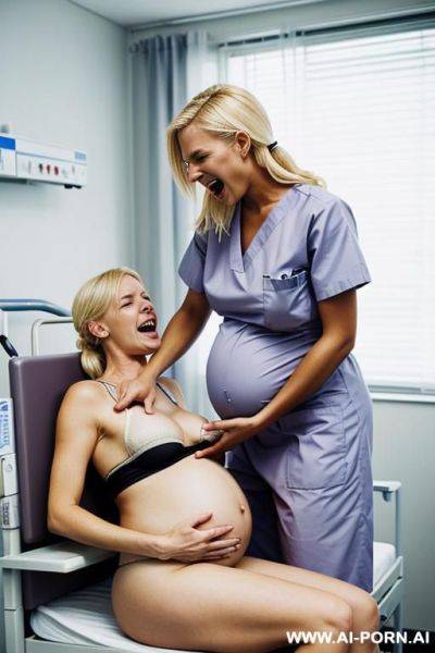 Pregnant blonde nordic female with her legs locked in stirrups in a hospital bed while crying. african nurse slapping her pregnant belly and laughing - ai-porn.ai on pornintellect.com