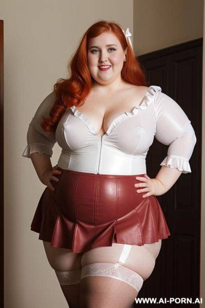 Close up half body photo shot, chubby very ((((obese with wide hips)))) redhead fat bbw curvy cheerleader, wearing a sexy and hot micro ruffle leather ((red)) skirt, wearing high stockings. (dynamic angle), perfect apple face - ai-porn.ai on pornintellect.com