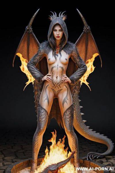Extremely tall supermodel cutie, slender, skiny, completely naked, super long legs, very long hair, goddess of fire, whole body covered in fire, surrounded by fire, epic, fantasy wings, unusual - ai-porn.ai on pornintellect.com