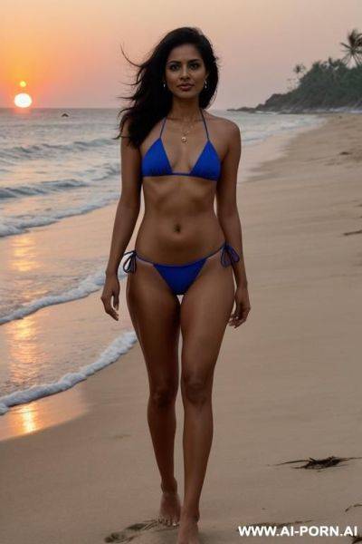 Indian lady, 32-2-32, medium hair till breasts, bikini, beach, sunset - ai-porn.ai - India on pornintellect.com