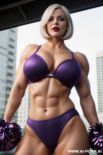 Muscular woman, short white hair, bob cut, red eyes, massive breasts, cheerleader uniform, purple lipstick, large lips - ai-porn.ai on pornintellect.com