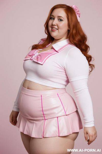Close up half body photo shot, chubby very ((((obese with wide hips)))) redhead fat bbw curvy cheerleader, wearing a sexy and hot micro ruffle leather skirt, wearing high stockings. (dynamic angle), perfect apple face - ai-porn.ai on pornintellect.com