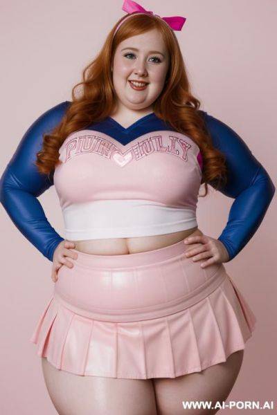 Close up half body photo shot, chubby very ((((obese with wide hips)))) redhead fat bbw curvy cheerleader, wearing a sexy and hot micro ruffle leather skirt, wearing high stockings. (dynamic angle), perfect heart face - ai-porn.ai on pornintellect.com