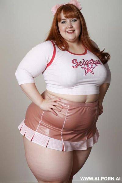 Close up half body photo shot, chubby very ((((obese with wide hips)))) redhead fat bbw curvy cheerleader, wearing a sexy and hot micro ruffle leather ((red)) skirt, wearing high stockings. (dynamic angle), perfect apple face - ai-porn.ai on pornintellect.com