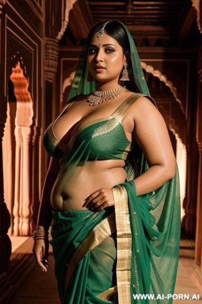 Interior of a medieval indian palace with an indian chubby princess in a green saree and her chubby full naked female servant with shaved vagina - ai-porn.ai - India on pornintellect.com