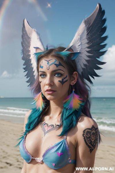 Face, sexy, beautiful, ((face painting)), ((bikini as seashell)), ((eyes shw)), ((angel wings)), ((rainbow hair)), ((sexy expression)), ((long bu hair)), ((wind)), (( cat face)), (( cat ears)), - ai-porn.ai on pornintellect.com