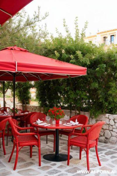 In a outdoor restaurant, red dress, in greece - ai-porn.ai on pornintellect.com