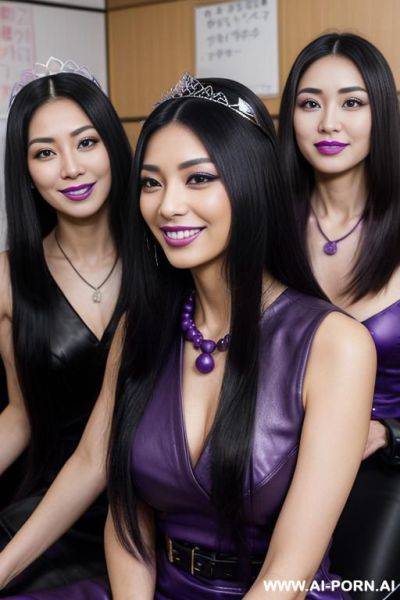 Japanese classroom, ultra realistic, gorgeous sexy teacher ( black long straight hair, black eyes, light purple opened a-line dress, purple leather necklace, purple tiara, light purple lipstick, joyful - ai-porn.ai - Japan on pornintellect.com