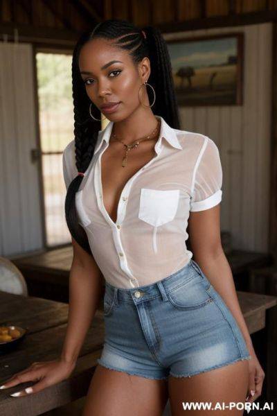 African -american ranch-hand she is wearing a short sleeved blouse it is tied up below her exposed breasts. her breast are out of the shirt. she is wearing short denim shorts with the button undone. full body portrait - ai-porn.ai - Usa on pornintellect.com
