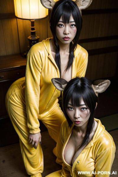Short japanese twins, deer onesie, bondage, cum in hair, left eye green, right eye yellow, abandoned werehouse, gangbang - ai-porn.ai - Japan on pornintellect.com