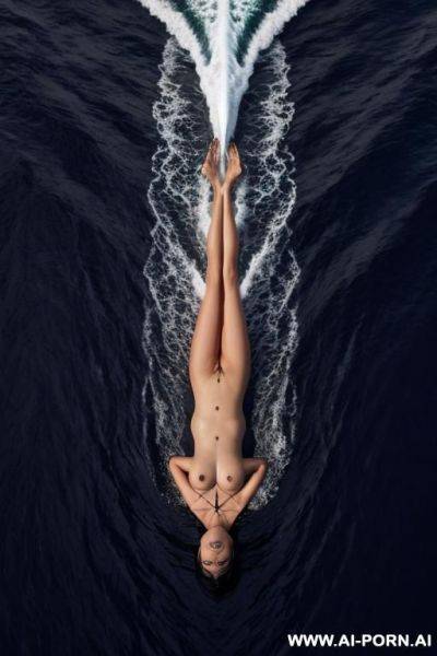 Dark chocolate colored water, naked female in the middle of the ocean, view from above - ai-porn.ai on pornintellect.com