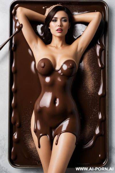 Naked woman in the melted chocolate, background: only melted chocolate - ai-porn.ai on pornintellect.com
