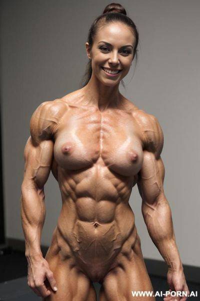 Bigger arms, (most muscular color photo of a nude white strong sinewy bodybuilder ifbb woman), nude, whole body, ((big bright sexy eyes)), ponytail, stronger arms, (stronger massive shoulders), - ai-porn.ai on pornintellect.com