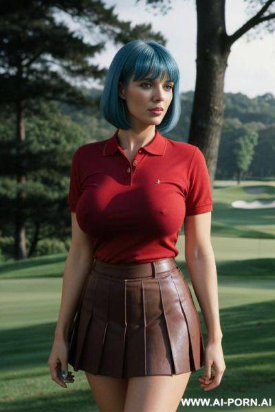 Tall busty , medium hair, gorgeous face, thick lips, massive boobs, standing up, (walking in a golf course), (wearing a red colored polo shirt ) (wearing a short pleated skirt) (realistic colored clothes) (overcast day) - ai-porn.ai on pornintellect.com