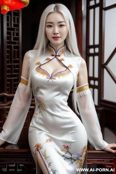 Masterpiece, fine details, breathtaking artwork, painterly art style, high quality, k, very detailed, high resolution, exquisite composition and lighting, white skin, (((chinese mother wear china dress)))), cum on hair, cum on pussy, cum on face, - ai-porn.ai - China on pornintellect.com