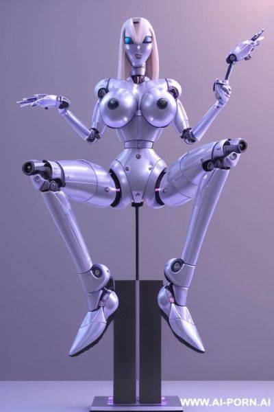 Damaged robot, front view, full body view, leaning back against wall, looking at viewer, angry face, open mouth, shouting, beautiful, long straight blonde hair, big lips, wide jaw, heavy makeup, - ai-porn.ai on pornintellect.com