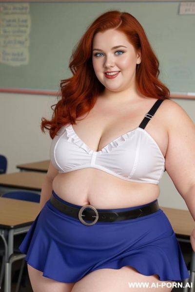 Half body photo shot close up, about at classroom, chubby ((obese but so hot)) redhead fat bbw curvy teacher, wearing a sexy and hot micro colorfull ruffle skirt, and stocking lingeries, sports top. teaching to the classroom. ((dynamic angle)) - ai-porn.ai on pornintellect.com