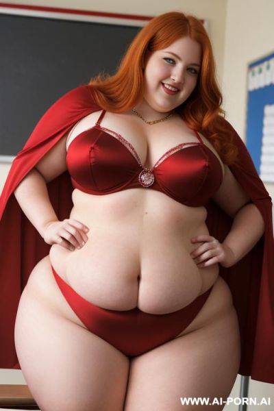 Close up half body photo shot, about at classroom, chubby very ((obese)) redhead fat bbw curvy teacher, wearing a sexy and hot and sexy heroine red and gold suit with cape, teaching to the classroom. - ai-porn.ai on pornintellect.com