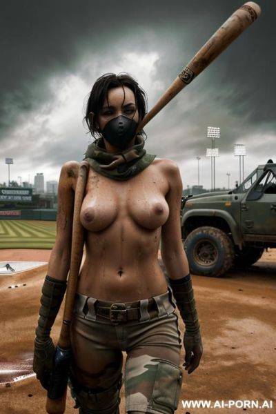 At nigth , apocalyptic city , cloudy sky fog battle city , atomic bomb explosions landscape , horizont looking , walking sexy pose , mud-stained body , camouflage thong , topless huge tits - ai-porn.ai on pornintellect.com