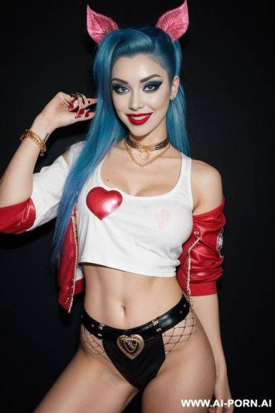 A photorealistic image of a fit and beautiful, she had a determined look on her face, big smile, wide hips. a fair-skinned woman with blonde hair styled in high tails, dyed blue on one - ai-porn.ai on pornintellect.com