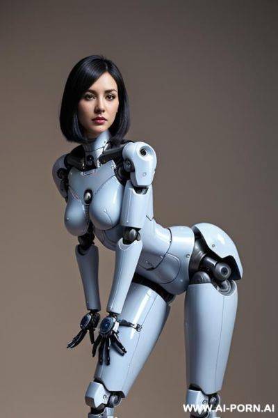 Beautiful realistic (( taur-women fully robotic body standing four legs)), detaleid face, skin in latex white and skyblue color, covered to latex, to boots, to beautiful robotic hand hd image quality, ((no background)). - ai-porn.ai on pornintellect.com