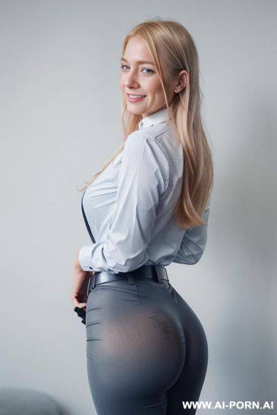 Perfect face, office pants, belt, business shirt, huge ass, bubble butt, ass up, side view - ai-porn.ai on pornintellect.com