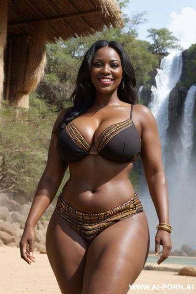 African ebony, desert,( tribal wear) strong, proud, bold, (eye contact), (very beautiful face), (natural muscle), voluptuous, ((waterfall)), (dominant pose), (strong), (traditional african clothes), - ai-porn.ai on pornintellect.com