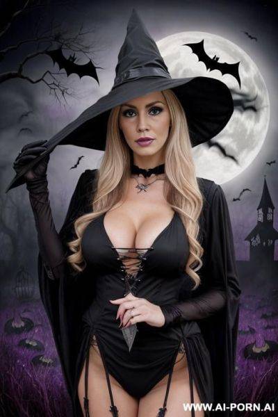 Babe pornstar milf, long wavey blonde hair, full body view, ((keep face)) ((keep body)), halloween night, in backyard, halloween theme background, - ai-porn.ai on pornintellect.com