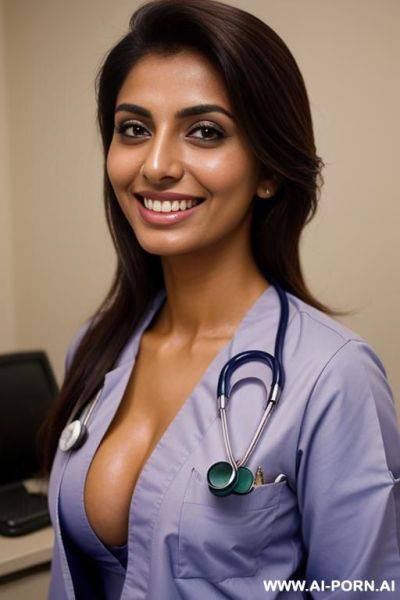 (close up) (tanned pakistani woman) (open scrubs) (medical exam room) (smile) - ai-porn.ai - Pakistan on pornintellect.com