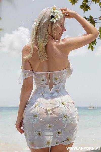 Perfect face, (((long white flowery summer dress stretched tight covering her bum))), huge ass, bubble butt, rear view - ai-porn.ai on pornintellect.com