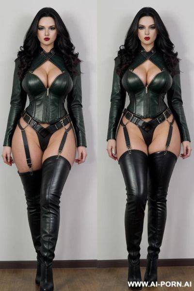 Dominatrix, open leather jacket, high leather boots, leather harness, holding leather whip - ai-porn.ai on pornintellect.com