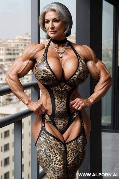 Matured old milf, wrinkles, wrinkled skin, aging marks, extremely tanned skin, wide hips, animal print hooker outfit, necklace, choker, elries, perfect eyes, waist shot, balcony - ai-porn.ai on pornintellect.com