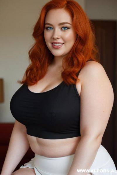 Hlaf body photo shop close up, redhead bbw, chubby and very fat, thick, breasts, dimples, voluptuous shaped, wide hips, thick thighs, chubby, hair, slicked back hair, large forehead, black tank top, bra, areola, ruffle microskirt. - ai-porn.ai on pornintellect.com