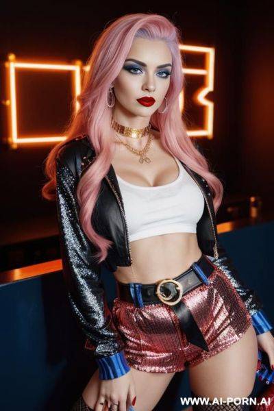 A fair-skinned woman with blonde hair styled in high tails, dyed blue on one side and pink on the other, is the central focus of the image. she has dark eyeliner, red lipstick, and a - ai-porn.ai on pornintellect.com