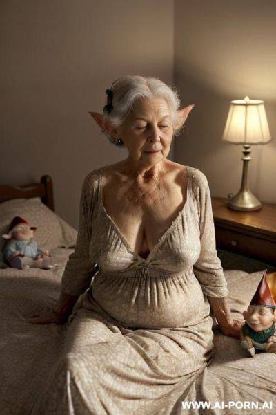 Scene features: modest-amateur-suburban-elderly-granny!, and (((two realistic elderly gnomes!!))). ((bedroom is wrapped in a richly intimate, subdued nighttime atmosphere)), (((illuminated only by a low - ai-porn.ai on pornintellect.com
