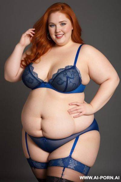 Full body photo studio shot, about a fat bbw curvy woman with love handless and tummy, wearing a sexy and hot blue lace stocking lingeries. - ai-porn.ai on pornintellect.com