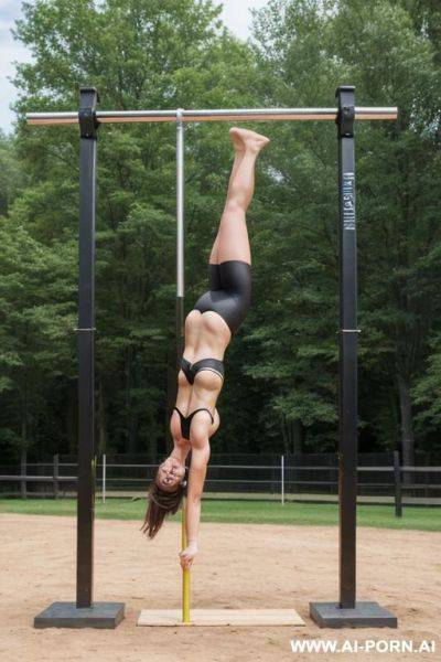 Realistic picture, best quality, highly detailed, summer, outdoor, sports field, gymnastic horizontal bar, round iron bar, attached to vertical wooden posts on the left and right, woman sitting on - ai-porn.ai on pornintellect.com